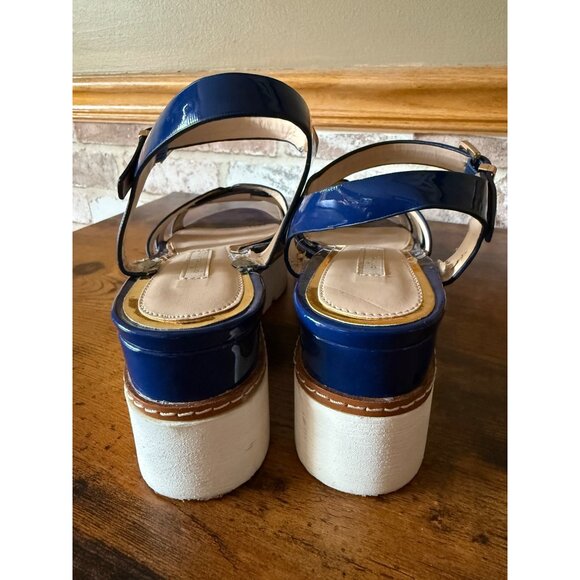 Blue Patent Leather Platform Sandals With Adjustable Strap & White Sole Size 7.5 - Picture 3 of 10
